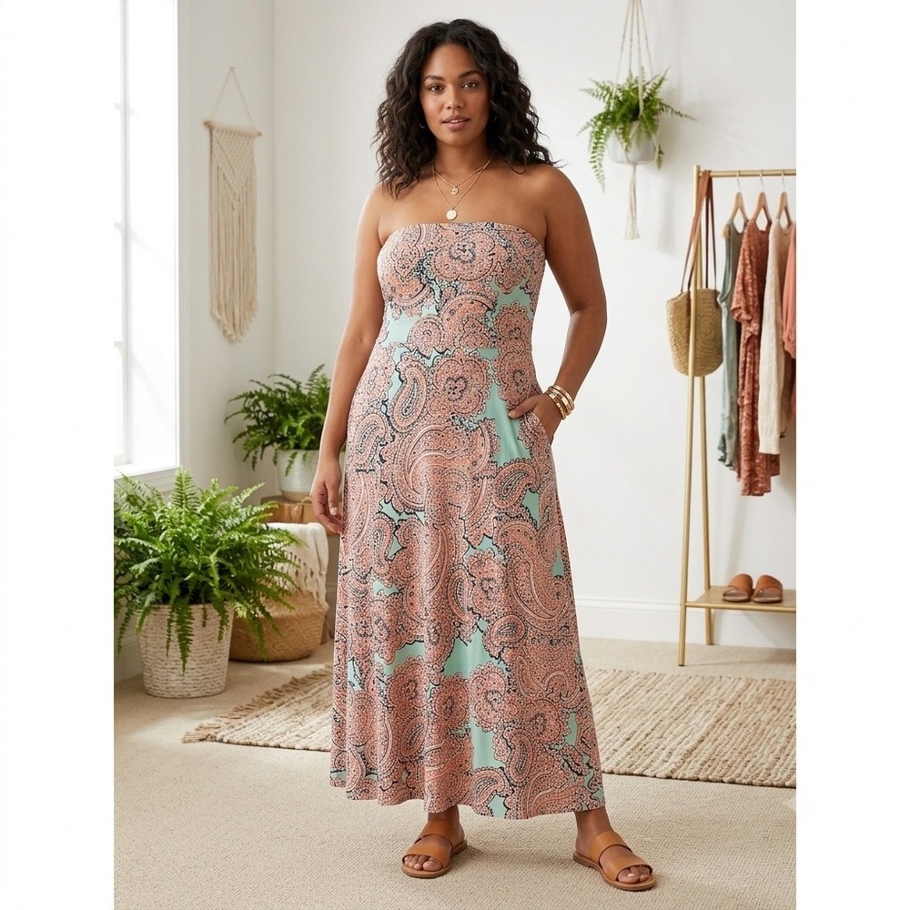 Womens The Limited Paisley Strapless Maxi Dress Mint Green Coral XL Boho Summer‎